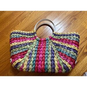 Vtg Multicolor Straw Woven Tote Bag Rainbow Raffia  Handbag with White Handles